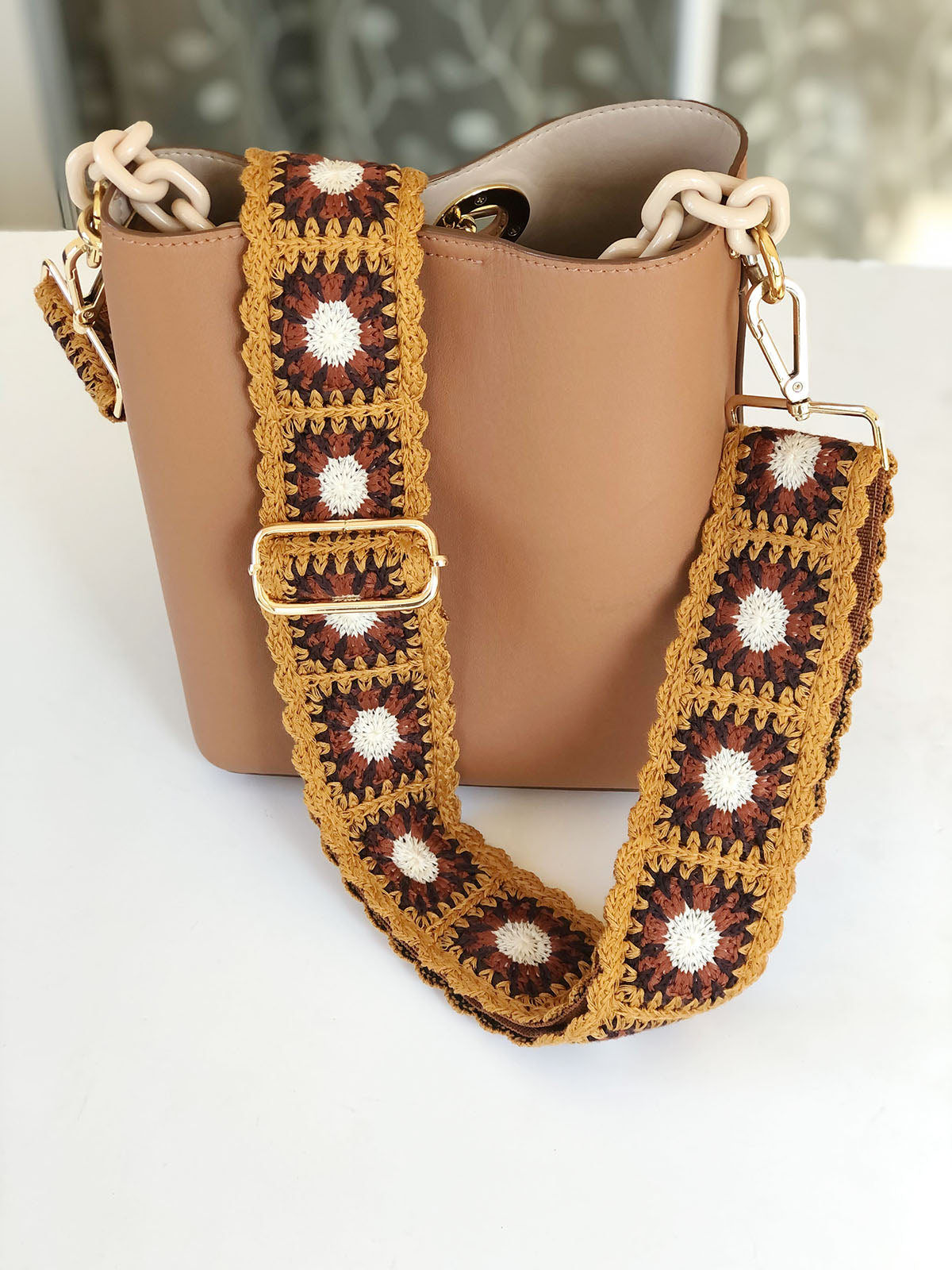 Crochet Flower Purse Straps Replacement Crossbody for Handbags Women Guitar Strap 2 inch Wide Adjustable Bag Strap (Brown)